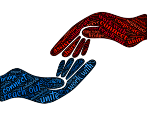 touching hands with words that promote connection and community