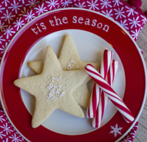 Plate of sugar cookies in the shape of stars and candy canes